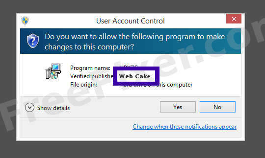 Screenshot where Web Cake appears as the verified publisher in the UAC dialog